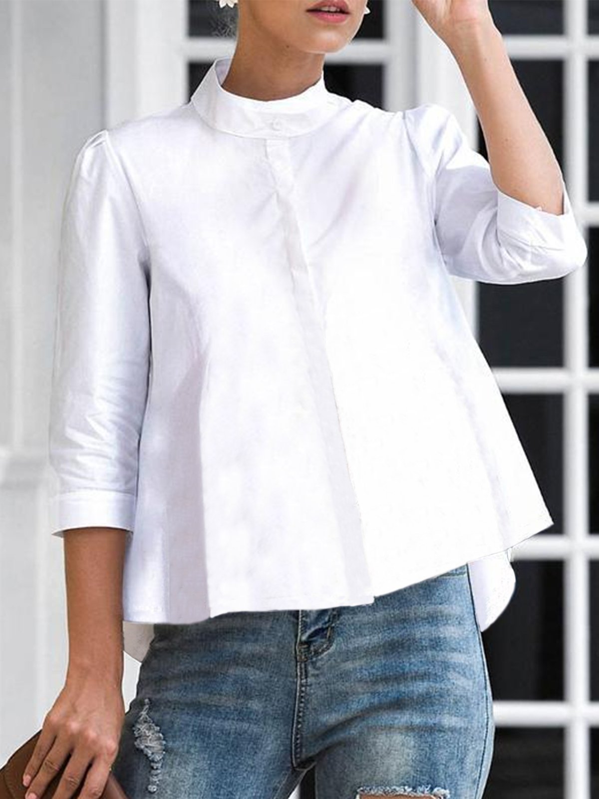 Loose Stand Collar Simple Plain Blouse