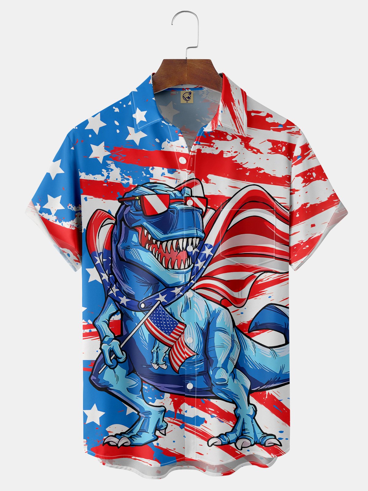 Independence Day Flag Dinosaur Chest Pocket Short Sleeve Shirt