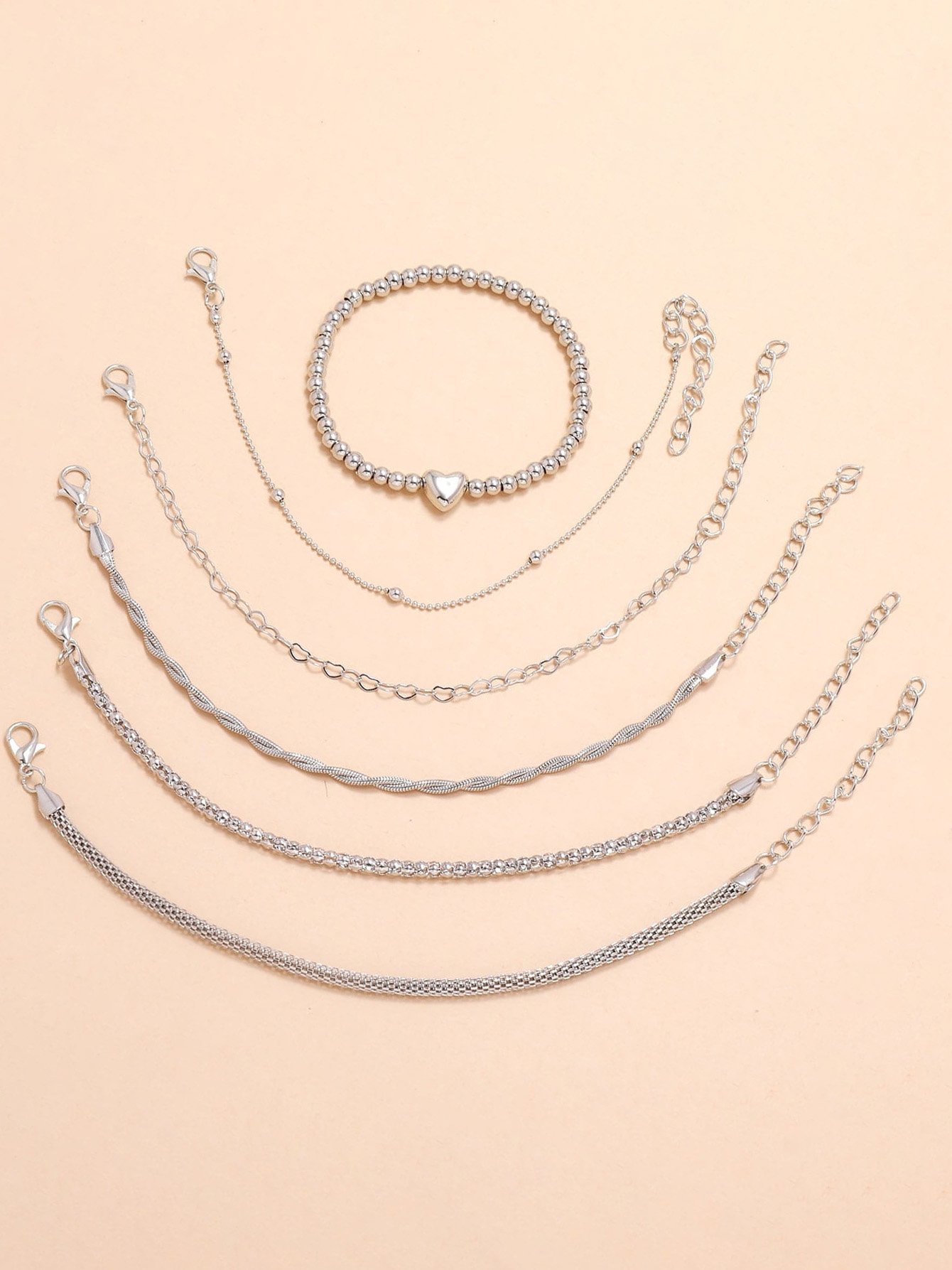 6Pcs Silver Metal Beaded Heart Pattern Multilayer Bracelet Set