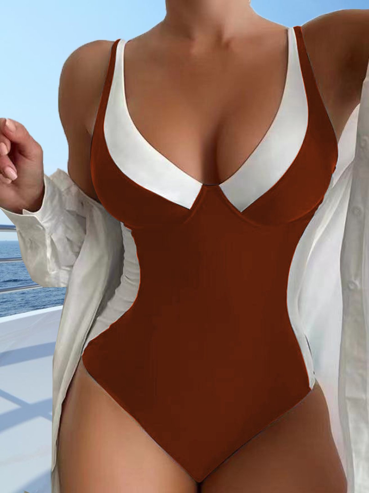 Casual Color Block Split Joint V Neck One-Piece Swimsuit