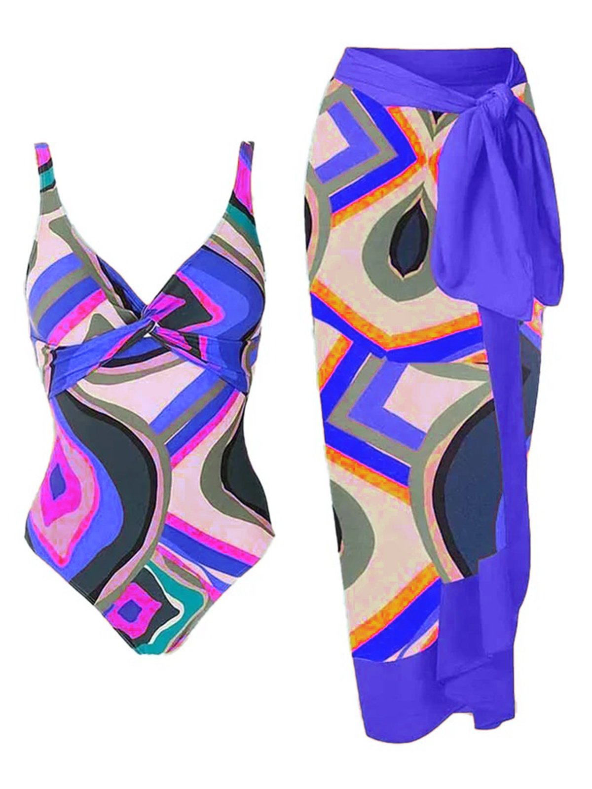 Casual Abstract Printing V Neck One Piece With Cover Up