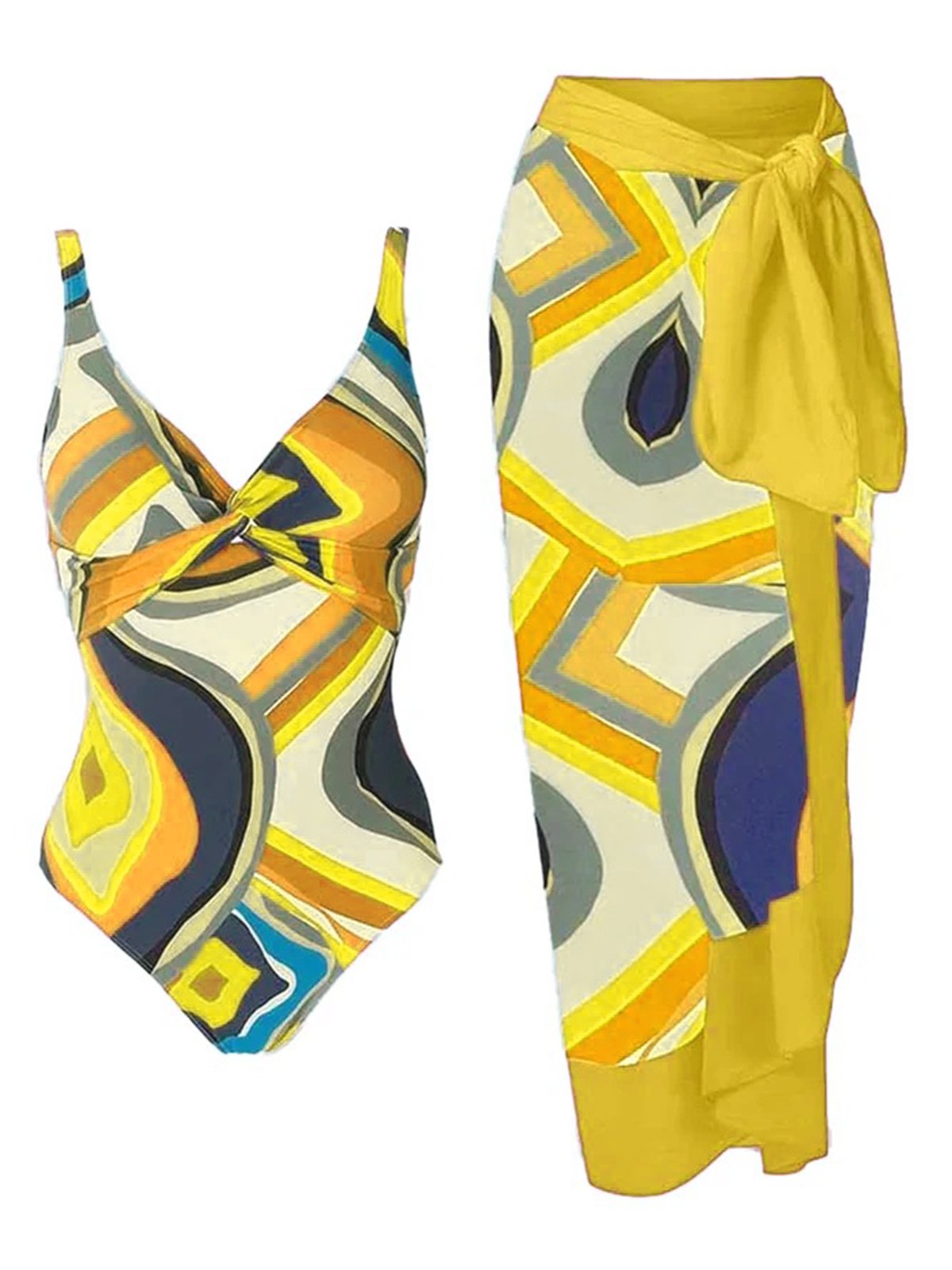 Casual Abstract Printing V Neck One Piece With Cover Up