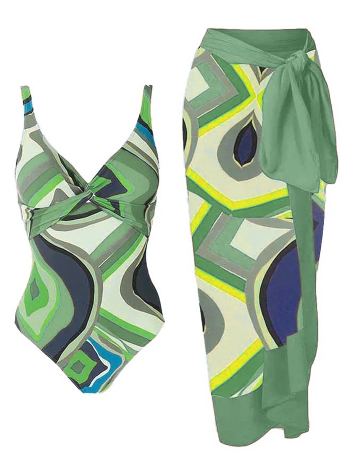 Casual Abstract Printing V Neck One Piece With Cover Up