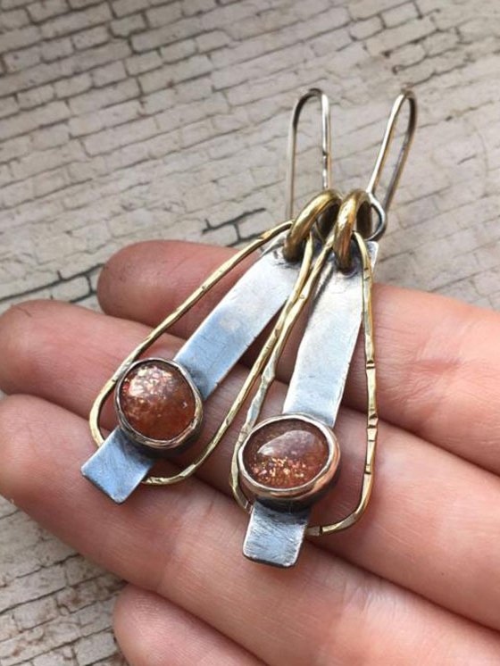 Vintage Two-Tone Metal Set Stone Earrings Ethnic Holiday Women's Jewelry