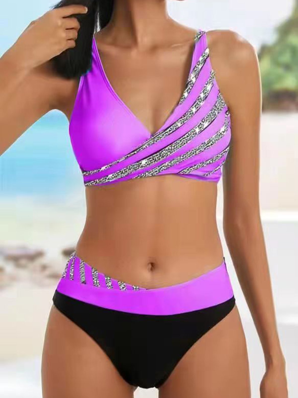 Vacation Abstract Printing V neck Bikini