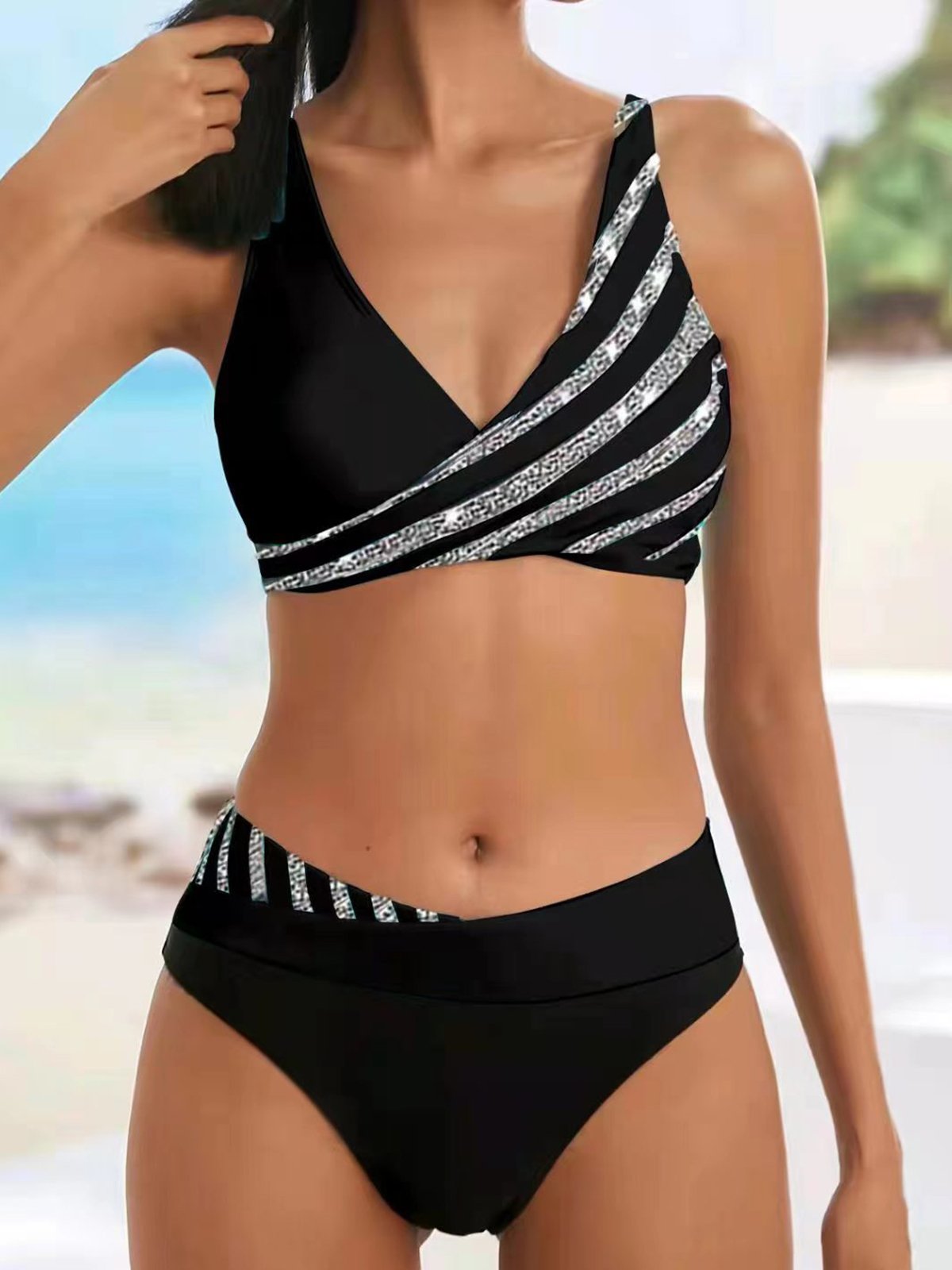 Vacation Abstract Printing V neck Bikini