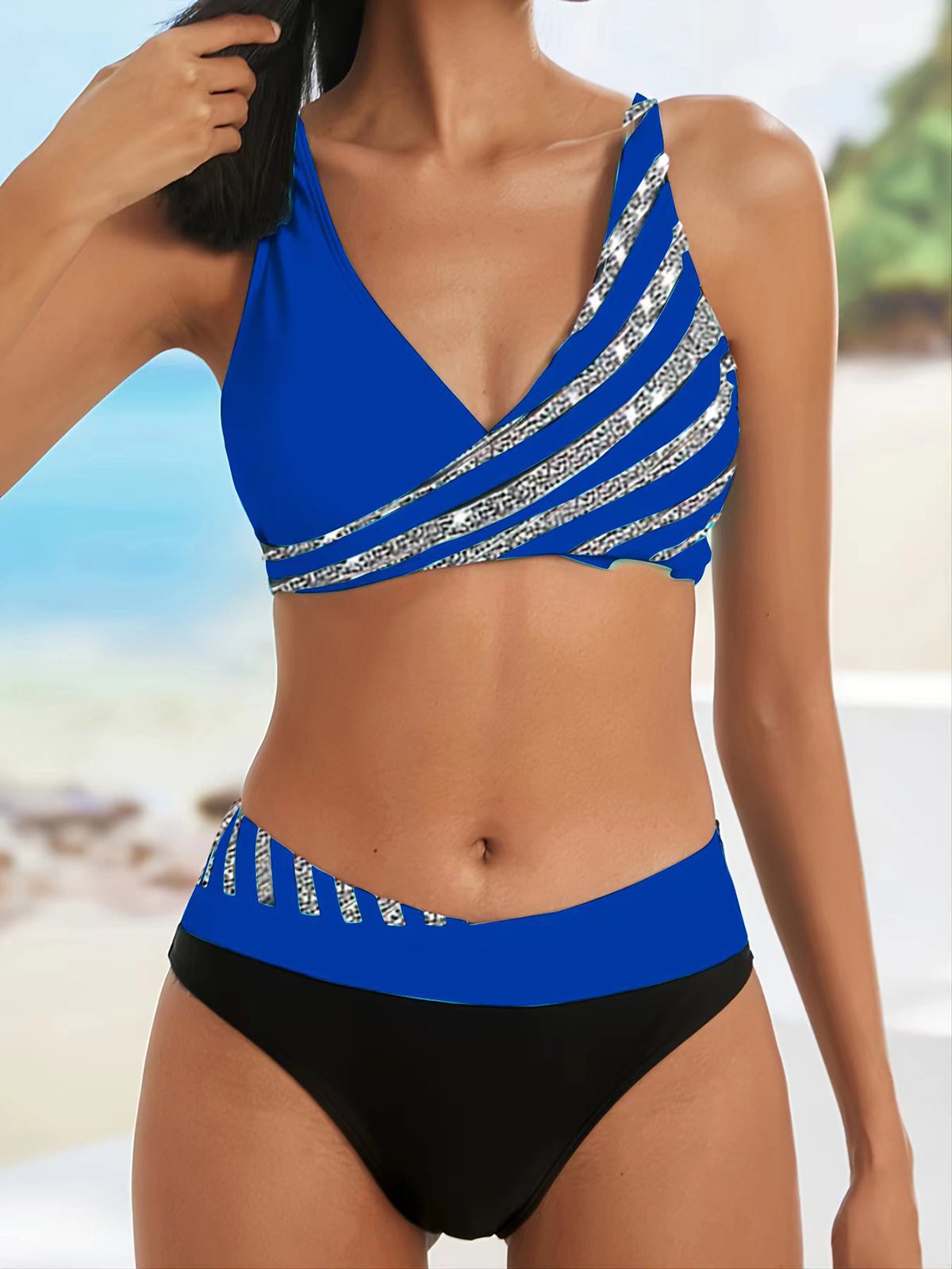 Vacation Abstract Printing V neck Bikini
