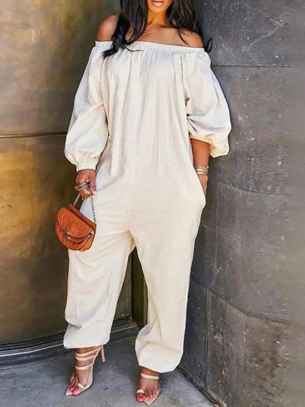 Vacation Cold Shoulder Long sleeve Plain Jumpsuit