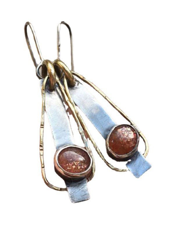 Vintage Two-Tone Metal Set Stone Earrings Ethnic Holiday Women's Jewelry