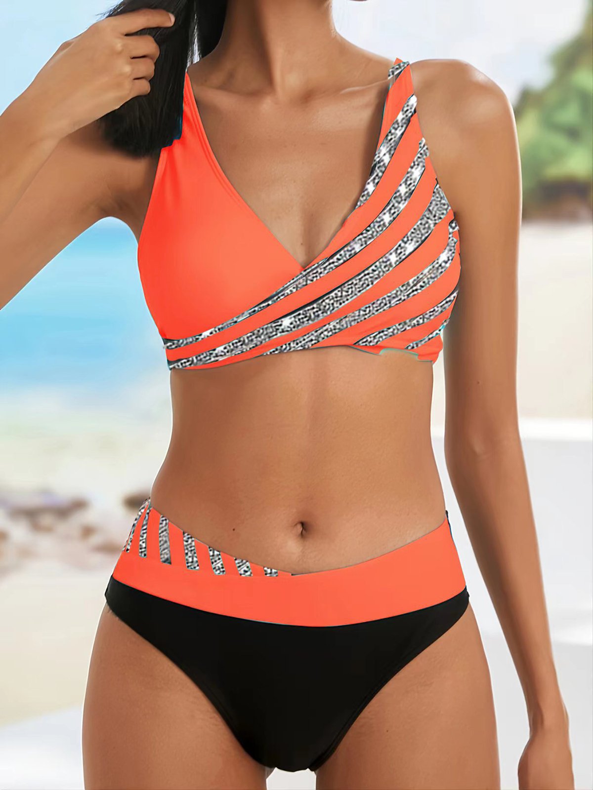 Vacation Abstract Printing V neck Bikini