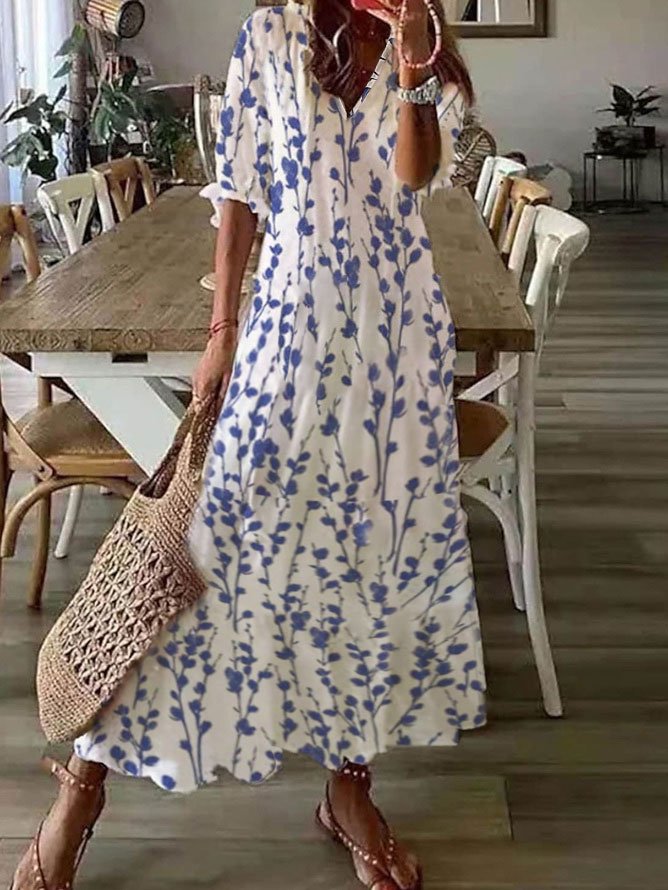 V Neck Loose Blue Floral Casual Dress