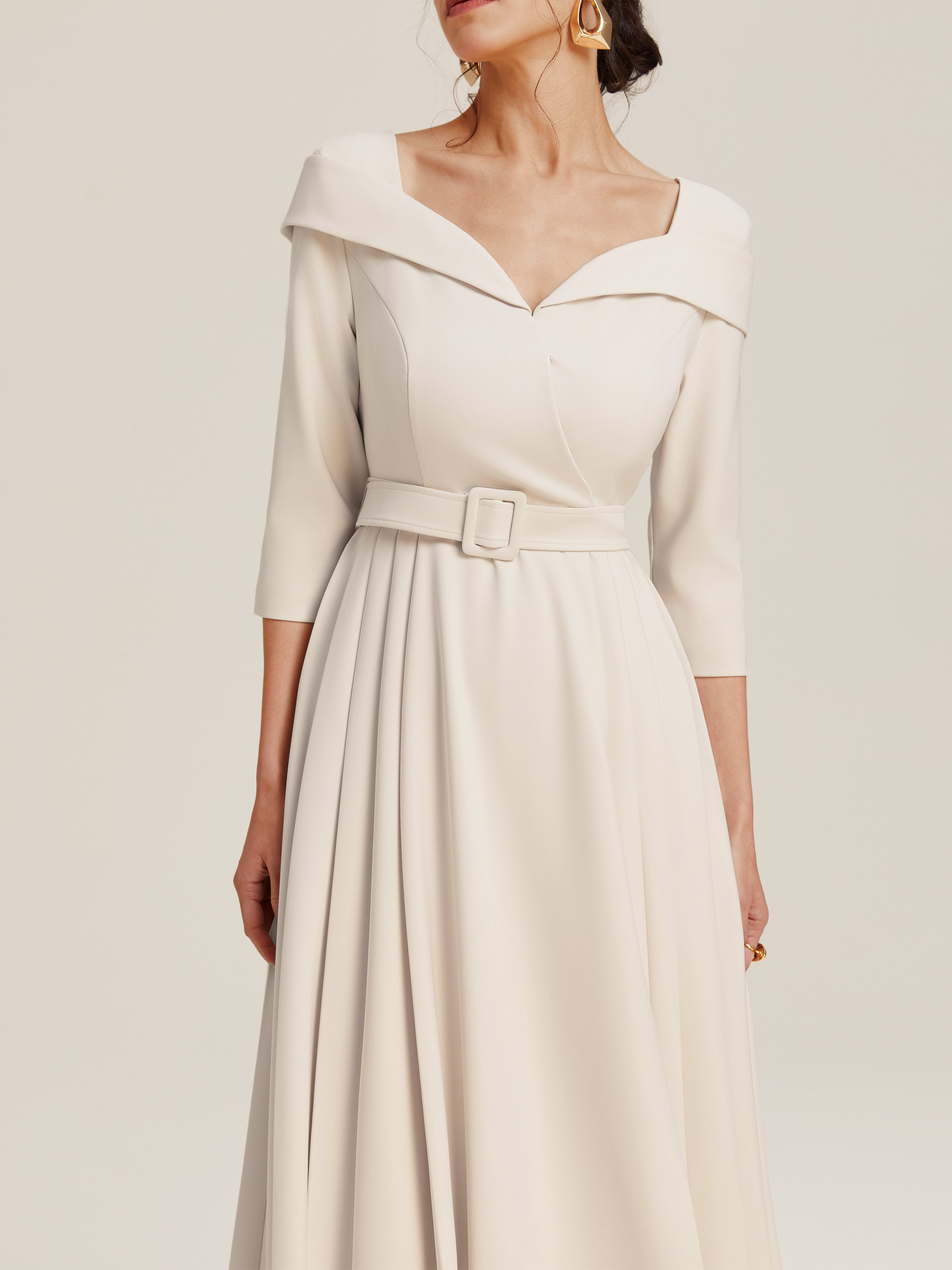 Off White V Neck Ruched Maxi A-Line Dress With Belt