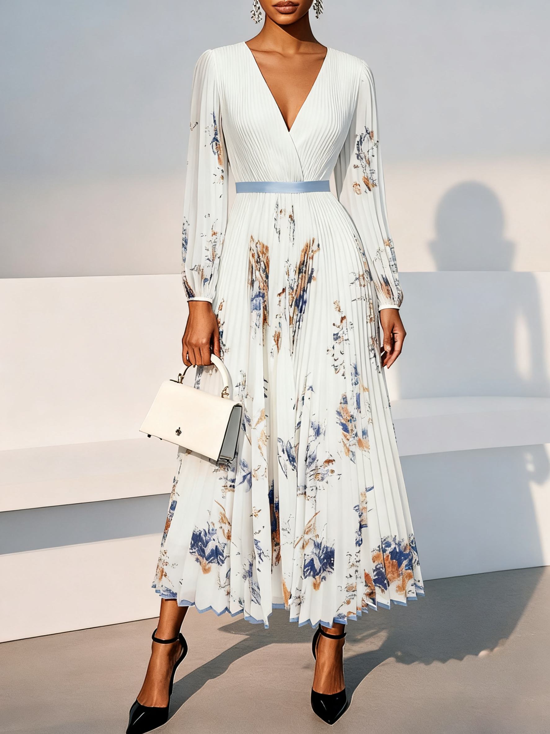 Morden Balloon Sleeve V Neck Dress With No