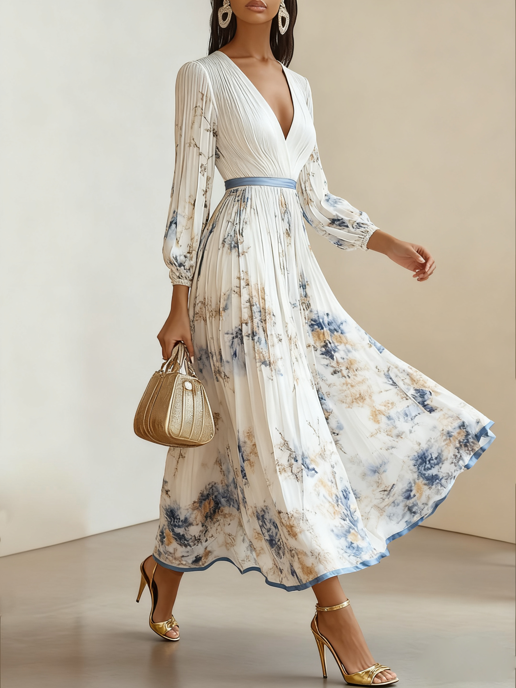 Morden Balloon Sleeve V Neck Dress With No