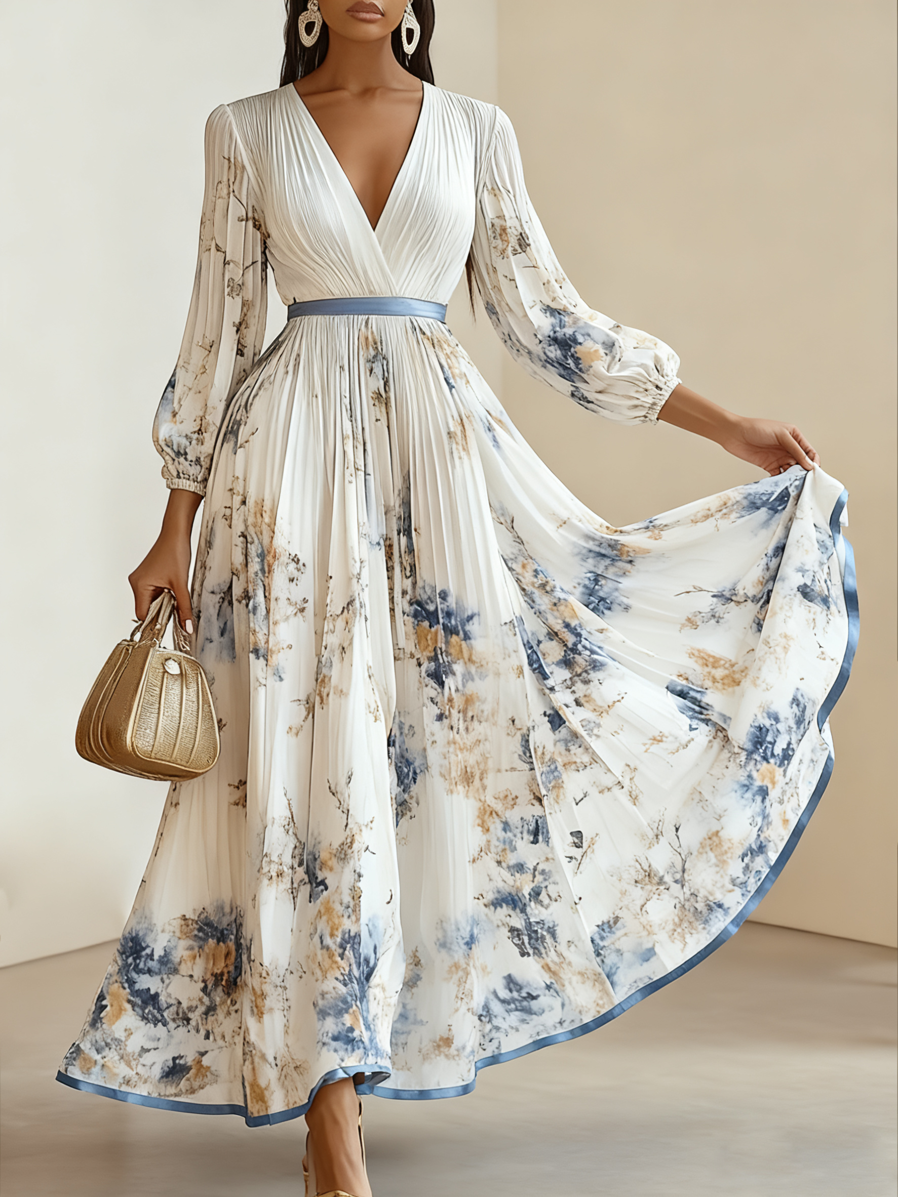 Morden Balloon Sleeve V Neck Dress With No