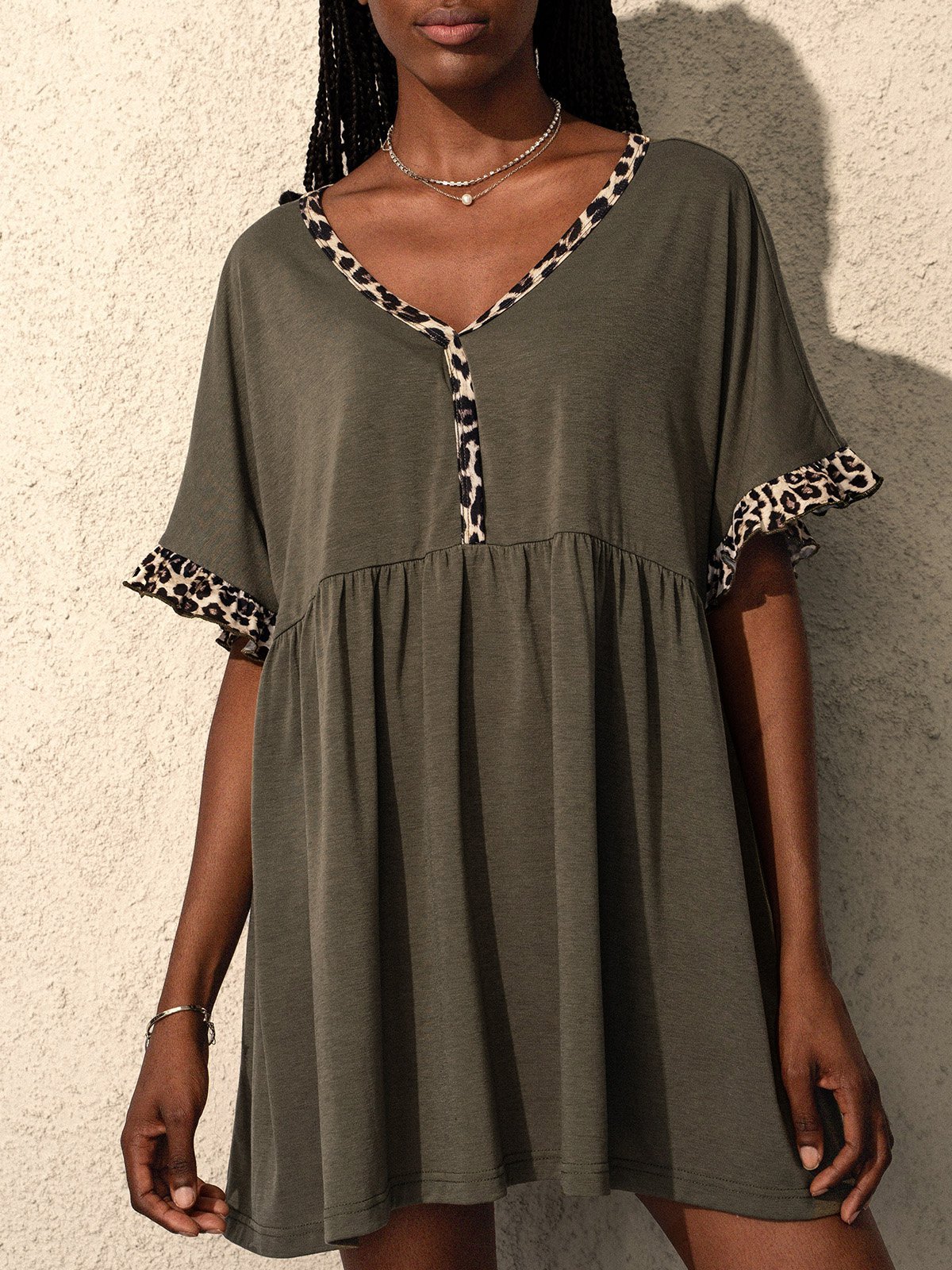 Brown V Neck Casual Paneled Jersey T-shirt