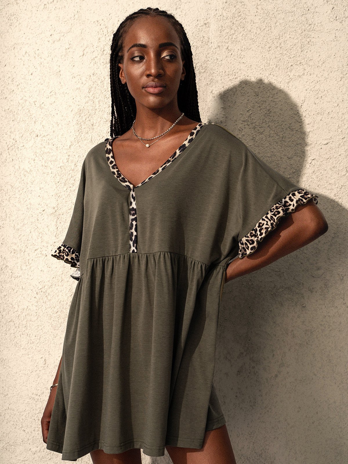 Brown V Neck Casual Paneled Jersey T-shirt