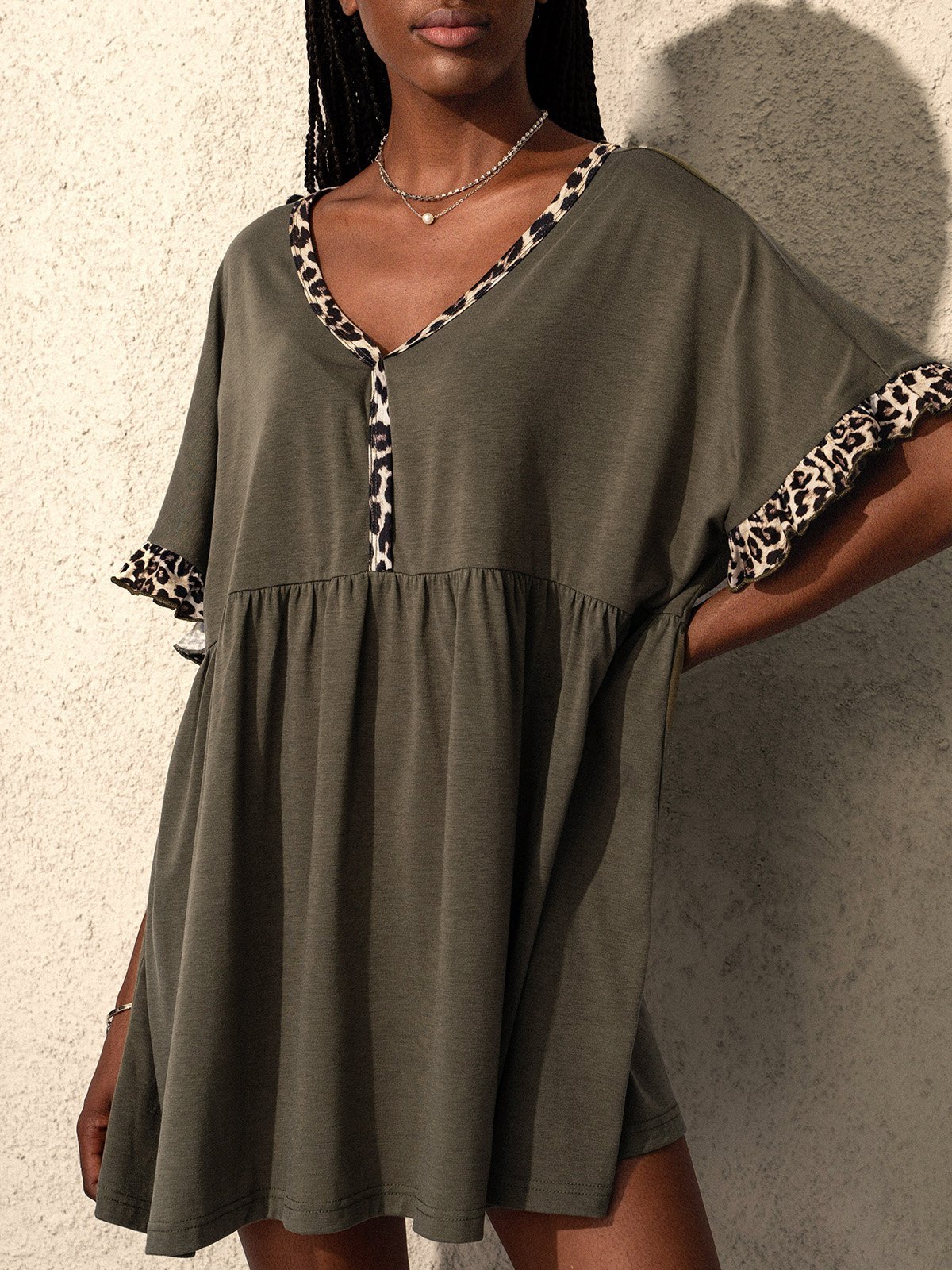Brown V Neck Casual Paneled Jersey T-shirt