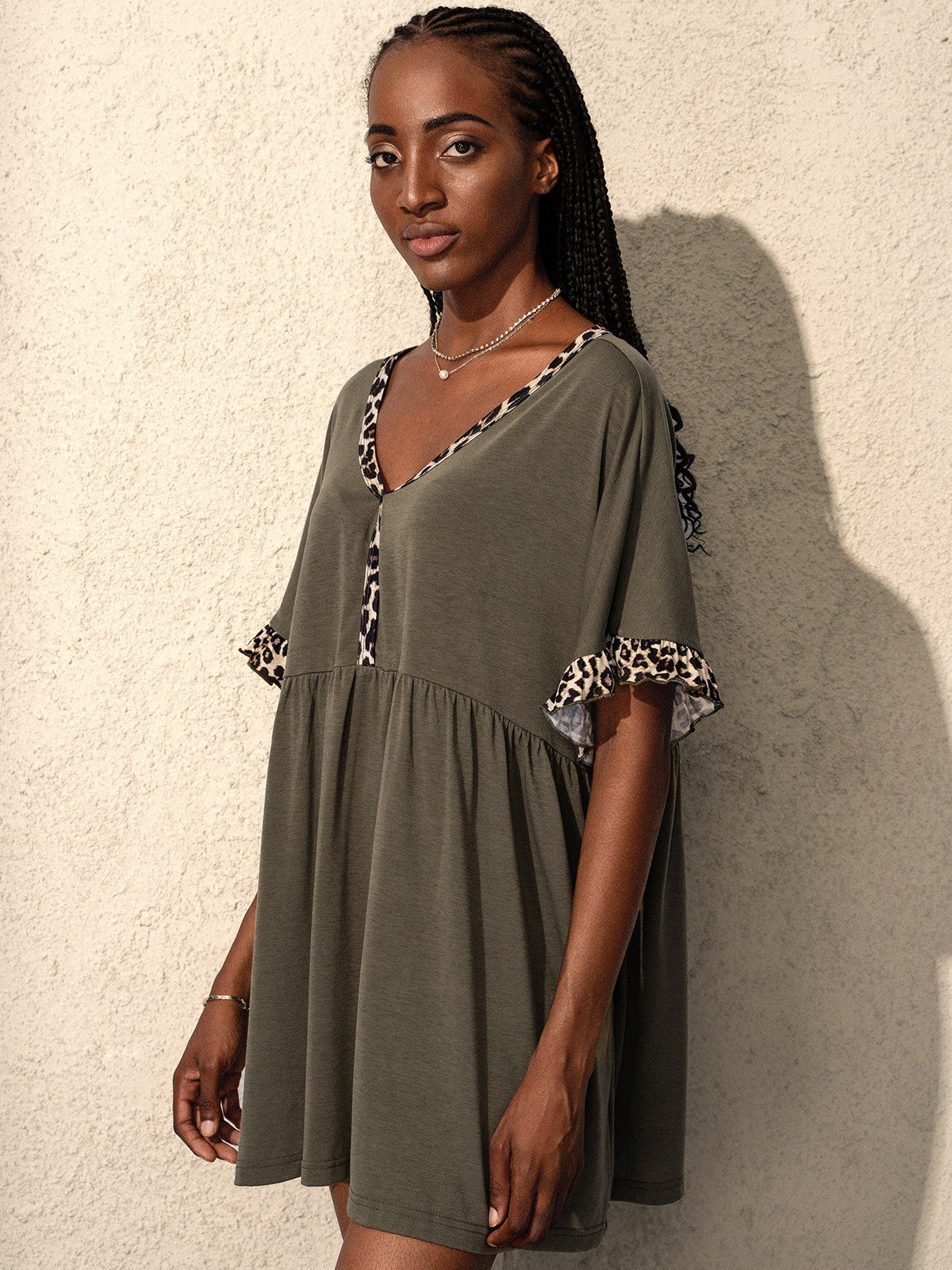 Brown V Neck Casual Paneled Jersey T-shirt