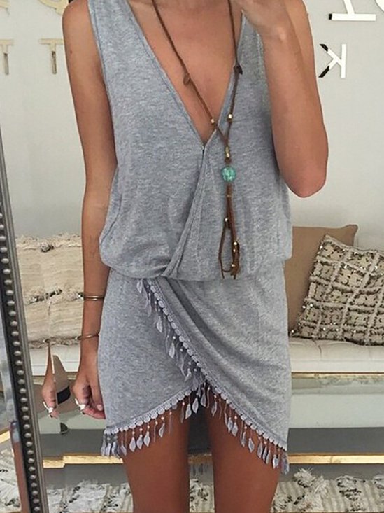 V neck  Sheath Women Sleeveless Statement Asymmetric Solid Summer Dress