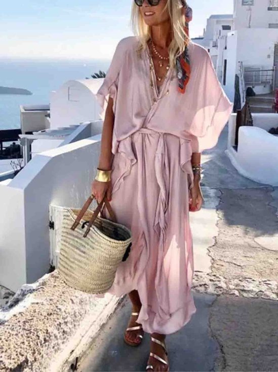 Mostata V neck Pink A-line Daily Slit Solid Dress
