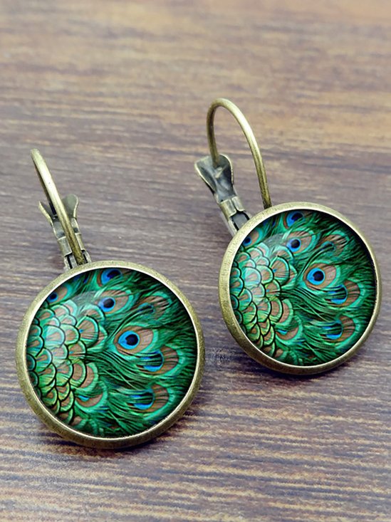 Mostata Vintage Peacock Feathers Pattern Earrings Bohemian Bronze Time Gem Cabochon Dangle Earrings