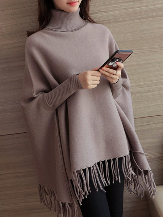 Mostata Knitted Casual Plain Fringed Batwing Poncho