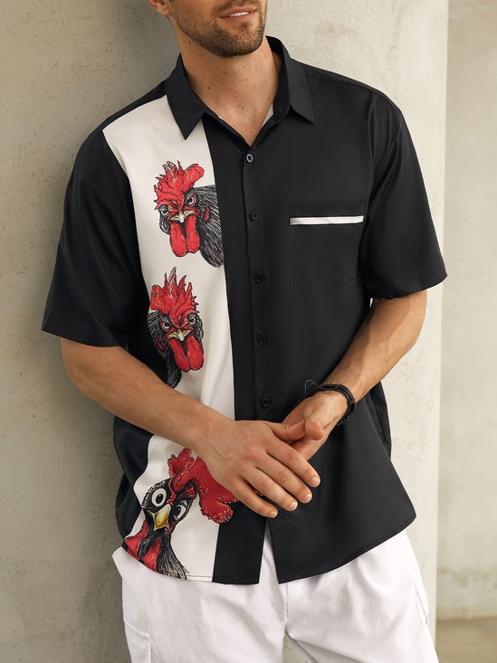 Rooster Chest Pocket Short Sleeve Bowling Shirt