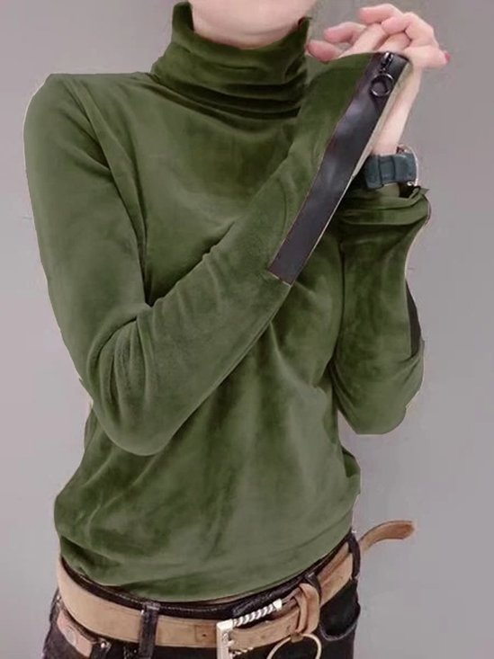 Velvet Turtleneck Long Sleeve Casual  T-Shirt