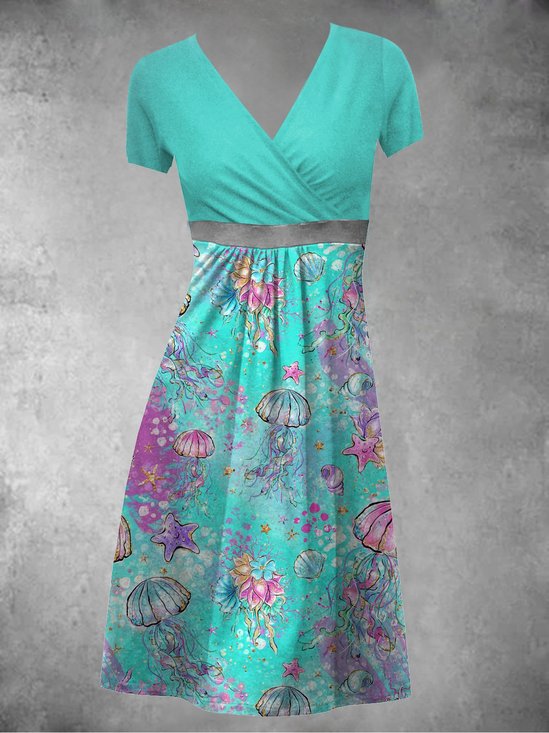 Summer Leisure Vacation, Waist Marine Jellyfish Holiday Short Sleeve A-Line Knitting Dress