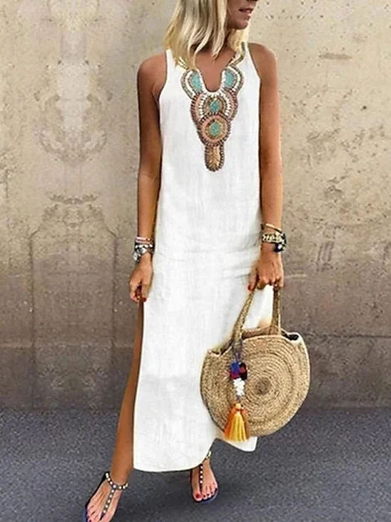 Loosen Vacation Linen Simple  Ethnic V Neck Short sleeve Woven Dress