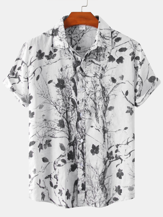 Cotton and Linen Style American Casual Plant Flower Versatile Linen Shirt