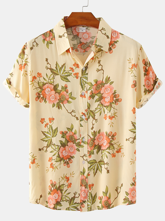 Cotton and Linen Style American Casual Plant Flower Versatile Linen Shirt
