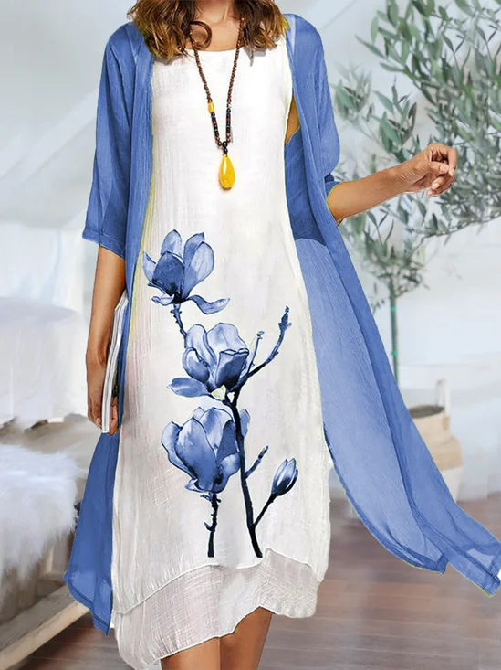 Two Piece Casual Round Neck Floral Print Linen Half Sleeve Solid Short sleeve Woven Dress
