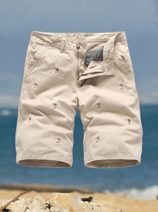 Casual Style Men's Straight Washed Golf Embroidered Cropped Pants