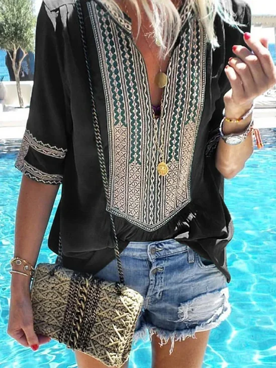 Mostata Ethnic Style Striped V-Neck Casual T-Shirt