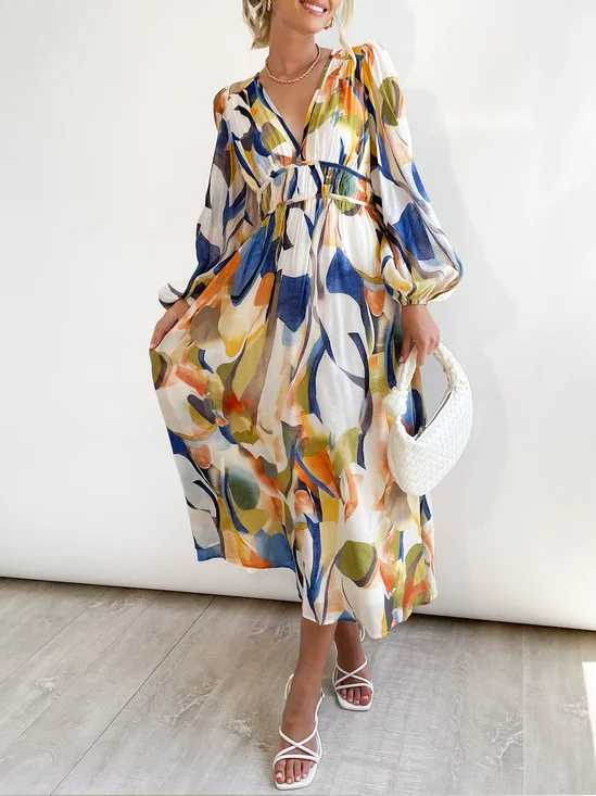 Vacation Floral  Print Long Sleeve V Neck Dress