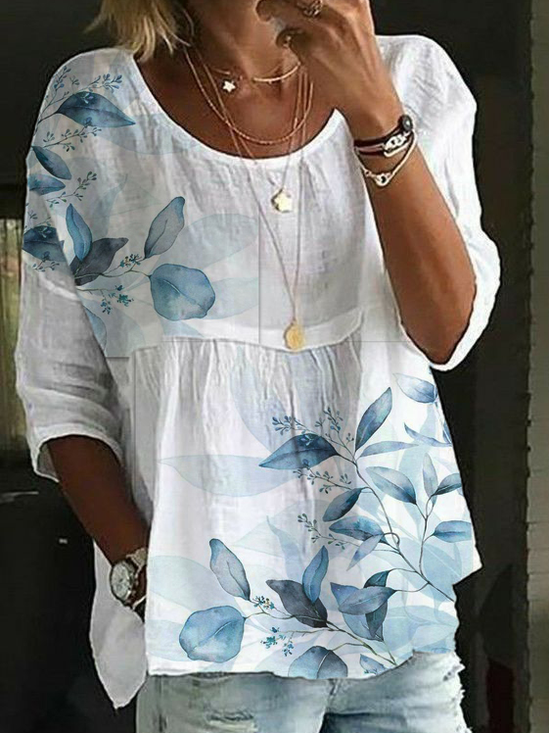 Loose Crew Neck Floral Casual Blouse