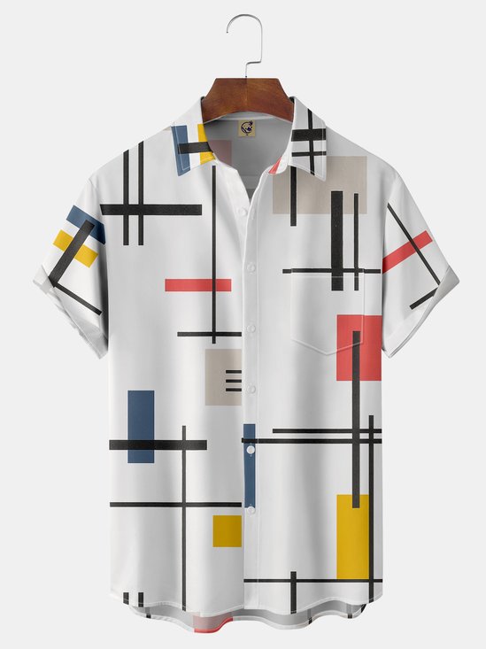 Geometric Lines Chest Pocket Short Sleeve Casual Shirt