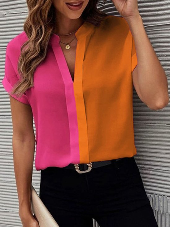 Urban Loose Color Block Stand Collar  Blouse