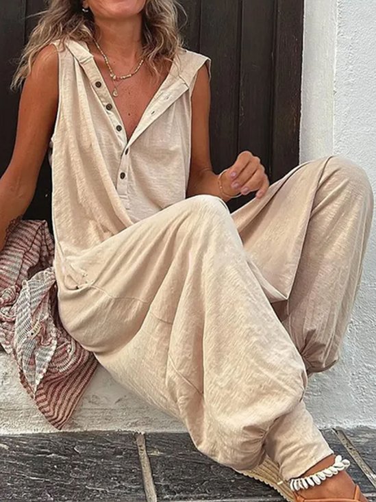 Loose Jersey Plain Casual Hoodie Jumpsuit