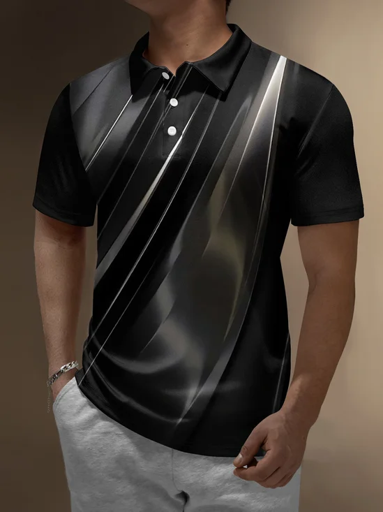 3D Gradient Abstract Geometric Button Short Sleeve Polo Shirt