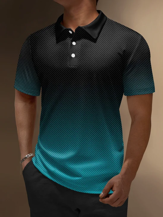 Abstract Gradient Geometric Button Short Sleeve Polo Shirt