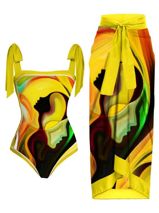 Printing Square Neck Abstract Vacation One Piece With Cover Up
