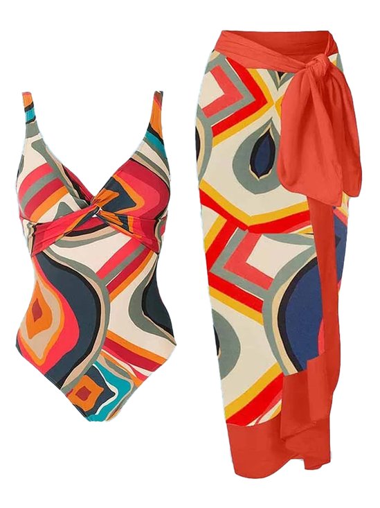 Casual Abstract Printing V Neck One Piece With Cover Up