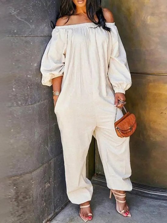Vacation Cold Shoulder Long sleeve Plain Jumpsuit