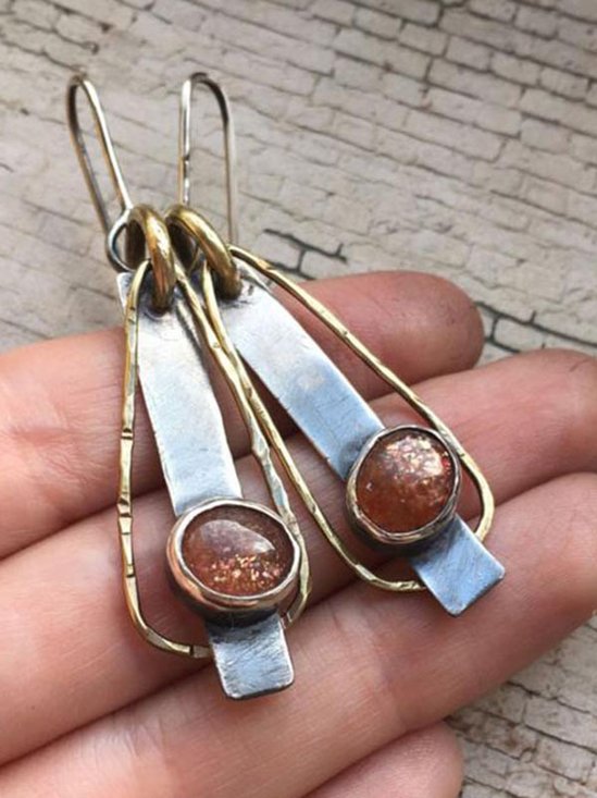 Vintage Two-Tone Metal Set Stone Earrings Ethnic Holiday Women's Jewelry