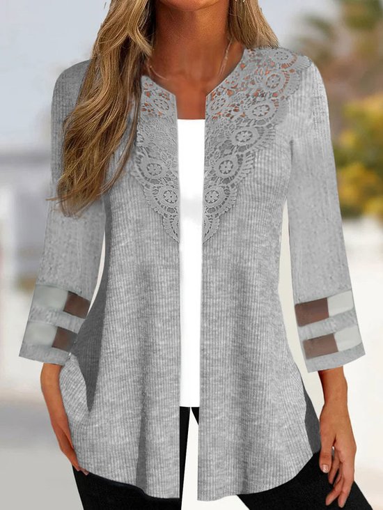 Casual Plain Mesh  Patchwork lace Kimono