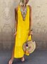 Loosen Vacation Linen Simple  Ethnic V Neck Short sleeve Woven Dress