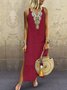Loosen Vacation Linen Simple  Ethnic V Neck Short sleeve Woven Dress